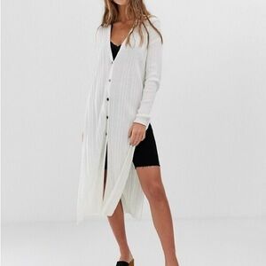 Free People White Long Ribbed Button-Front Cardigan